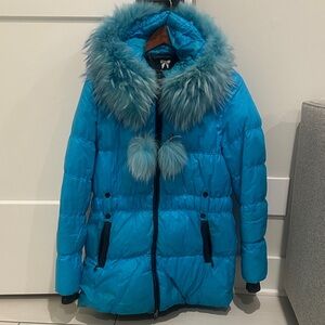 Blue Fur-Trimmed Puffer Coat
